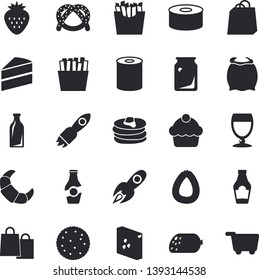 Solid vector icon set - cake flat vector, flour, groats, ketchup, biscuit, pancakes, bagel, croissant, sausage, canned food, French fries, wine, Strawberry, glass bottles, rocket, bags