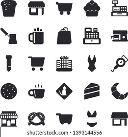 Solid vector icon set - cake flat vector, spring balance, turk, coffee machine, biscuit, bagel, croissant, bread, store front, grocery trolley, bags, cash, tie, swimsuit, hotel fector, pets allowed