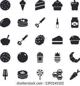 Solid vector icon set - cake flat vector, whisk, sauce, lemon, biscuit, pancakes, croissant, cupcake, piece of, porridge, lollipop, bell pepper, popcorn, ice cream, jam, blackberry, pineapple