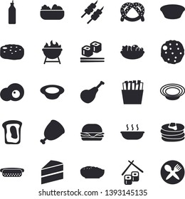 Solid vector icon set - cake flat vector, barbecue, ham, pancakes, bagel, hamburger, hot dog, dish, salad, soup, porridge, shashlik, cutlet, French fries, fish rolls, scrambled eggs, mustard