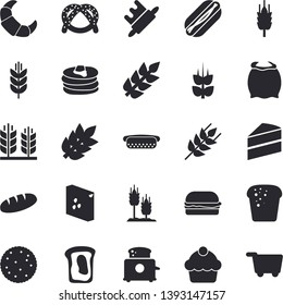 Solid vector icon set - cake flat vector, rolling pin, toaster, flour, groats, ear, biscuit, pancakes, bagel, croissant, bread, hamburger, hot dog, sandwich, spike, grocery trolley fector