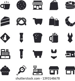 Solid vector icon set - cake flat vector, spring balance, coffee machine, biscuit, pancakes, bagel, croissant, bread, store front, grocery trolley, bags, cash, tie, swimsuit, pets allowed fector
