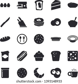Solid vector icon set - cake flat vector, knives, coffee machine, table setting, biscuit, croissant, cheese, egg, bread, hot dog, dish, porridge, coffe, scrambled eggs, jam, sandwich, pancakes