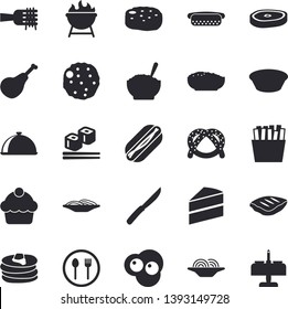 Solid vector icon set - cake flat vector, knives, barbecue, dish, table setting, ham, pancakes, bagel, spaghetti on a fork, hot dog, soup, porridge, chop, cutlet, French fries, fish rolls