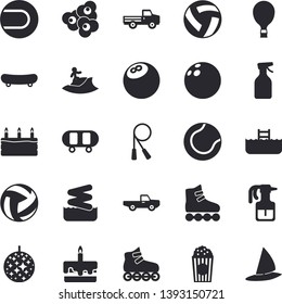 Solid vector icon set - cake flat vector, popcorn, pickup truck, pulverizer, bowling ball, skateboard, volleyball, skipping rope, tennis, roller Skates, balloon fector, disco, surfing, aquapark