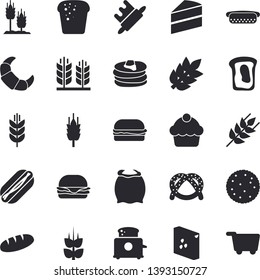 Solid vector icon set - cake flat vector, rolling pin, toaster, flour, groats, ear, biscuit, pancakes, bagel, croissant, bread, hamburger, hot dog, sandwich, spike, grocery trolley fector