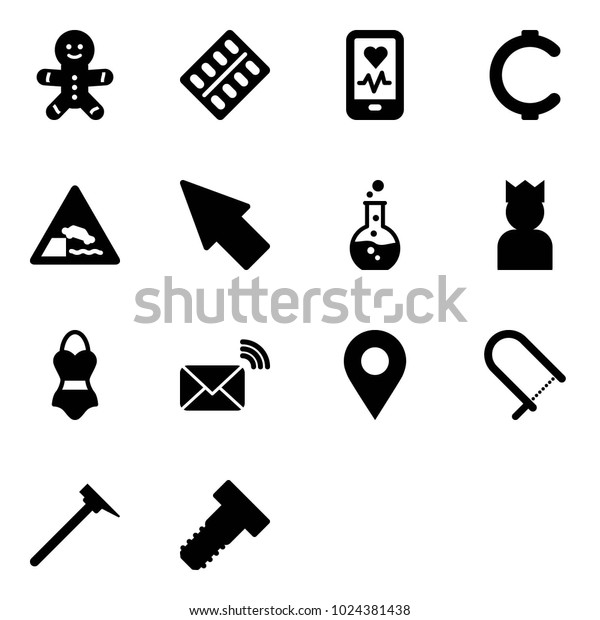 Solid vector icon set - cake man vector, pills\
blister, mobile heart monitor, cent, embankment road sign, cursor,\
round flask, king, swimsuit, wireless mail, navigation pin,\
fretsaw, mason hammer