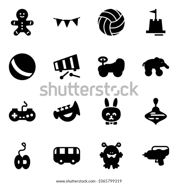 Solid vector icon set - cake man vector, flag\
garland, volleyball, sand castle, ball, xylophone, baby car,\
elephant wheel, gamepad, horn toy, rabbit, wirligig, yoyo, bus,\
monster, water gun