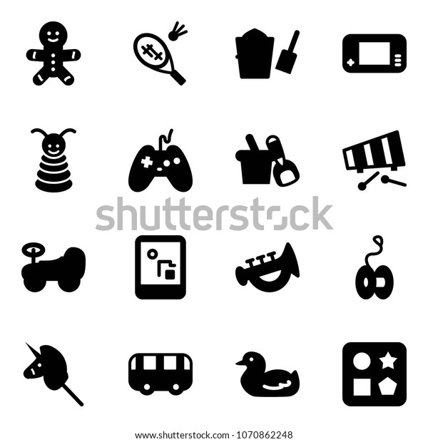 Solid vector\
icon set - cake man vector, badminton, bucket scoop, game console,\
pyramid toy, joystick, shovel, xylophone, baby car, horn, yoyo,\
unicorn stick, bus, duck, cube\
hole