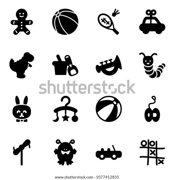 Solid vector\
icon set - cake man vector, ball, badminton, car toy, dinosaur,\
shovel bucket, horn, caterpillar, rabbit, baby carousel, beach,\
yoyo, windmill, monster, Tic tac\
toe