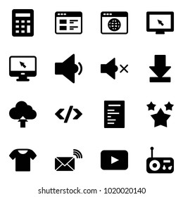 Solid vector icon set - calculator vector, website, browser globe, monitor cursor, low volume, off, download, upload cloud, tag code, document, stars, t shirt, wireless mail, playback, radio