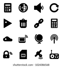 Solid vector icon set - calculator vector, globe, low volume, reload, play, trash bin, link, cloud, notebook wi fi, antenna, wireless lock, sim, satellite, radio