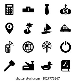 Solid vector icon set - calculator vector, pedestal, tie, dollar growth, atm map pin, palm, windsurfing, car baggage, mobile phone, globe, antenna, standby button, rubber hammer, stapler, duck toy