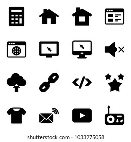Solid vector icon set - calculator vector, home, website, browser globe, monitor cursor, volume off, upload cloud, link, tag code, stars, t shirt, wireless mail, playback, radio