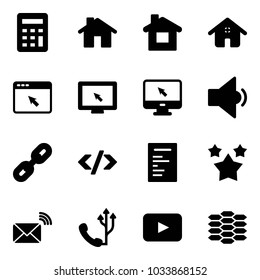 Solid vector icon set - calculator vector, home, cursor browser, monitor, low volume, link, tag code, document, stars, wireless mail, phone, playback, carbon