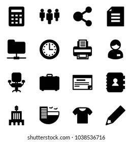 Solid vector icon set - calculator vector, group, share, document, network folder, time, printer, manager, office chair, case, schedule, contact book, bank building, hotel, t shirt, pencil