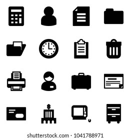 Solid vector icon set - calculator vector, user, document, folder, time, clipboard, trash bin, printer, manager, case, schedule, envelope, bank building, monoblock pc, tool cabinet