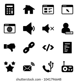 Solid vector icon set - calculator vector, home, website, cursor browser, globe, low volume, off, user password, dislike, link, tag code, document, stars, wireless mail, phone, radio