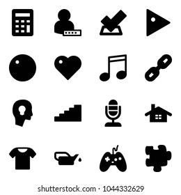 Solid vector icon set - calculator vector, user password, check, play, record, heart, music, link, head bulb, stairs, microphone, home, t shirt, oiler, joystick, puzzle