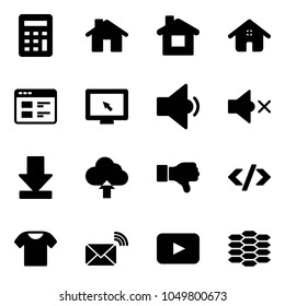 Solid vector icon set - calculator vector, home, website, monitor cursor, low volume, off, download, upload cloud, dislike, tag code, t shirt, wireless mail, playback, carbon