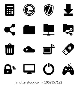 Solid vector icon set - calculator vector, no trailer road sign, shield, download, share, folder, network, shared, trash bin, cloud, notebook wi fi, usb, wireless lock, monitor, standby button