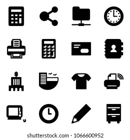 Solid vector icon set - calculator vector, share, network folder, time, printer, envelope, contact book, bank building, hotel, t shirt, wireless, monoblock pc, clock, pencil, tool cabinet