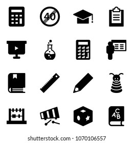 Solid vector icon set - calculator vector, end speed limit road sign, graduate hat, clipboard, presentation board, round flask, book, ruler, pencil, pyramid toy, abacus, xylophone, cube, abc