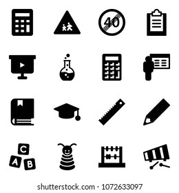 Solid vector icon set - calculator vector, children road sign, end speed limit, clipboard, presentation board, round flask, book, graduate hat, ruler, pencil, abc cube, pyramid toy, abacus