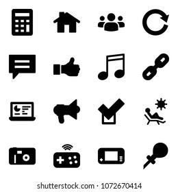 Solid vector icon set - calculator vector, home, group, reload, chat, like, music, link, statistics monitor, megaphone, check, beach, photo, joystick wireless, game console, oiler