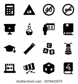 Solid vector icon set - calculator vector, children road sign, end speed limit, overtake, presentation board, round flask, book, graduate hat, ruler, abc cube, pyramid toy, abacus, xylophone