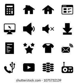 Solid vector icon set - calculator vector, home, website, monitor cursor, low volume, off, download, document, stars, t shirt, wireless mail, phone, playback, carbon, radio