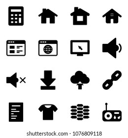 Solid vector icon set - calculator vector, home, website, browser globe, monitor cursor, low volume, off, download, upload cloud, link, document, t shirt, carbon, radio