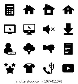 Solid vector icon set - calculator vector, home, monitor cursor, volume off, download, user password, upload cloud, dislike, document, stars, t shirt, phone, playback