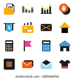 solid vector icon set - calculator vector, flag, arrow up, dollar, document, equalizer, mail, stop button, home, clothes