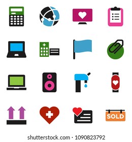 solid vector icon set - calculator vector, notebook pc, clipboard, flag, heart monitor, cross, top sign, speaker, hospital building, connection, attachment, water supply, sold signboard