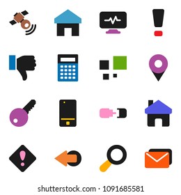 solid vector icon set - calculator vector, satellitie, mobile phone, finger down, diagnostic monitor, home, arrow, loading, connection, attention sign, pin, magnifier, key, mail