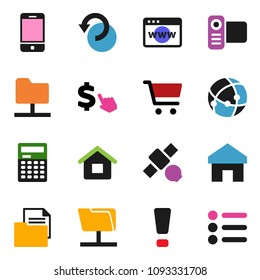 solid vector icon set - calculator vector, cart, dollar cursor, satellite, document, video camera, mobile phone, connection, network folder, browser, home, undo, attention sign, house, menu