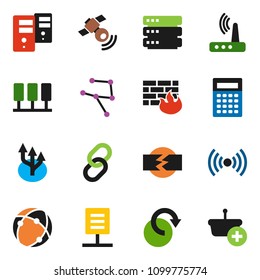 solid vector icon set - calculator vector, satellitie, link, connection, network, server, big data, firewall, router, redo, route arrow, document, disconnection, wireless, basket