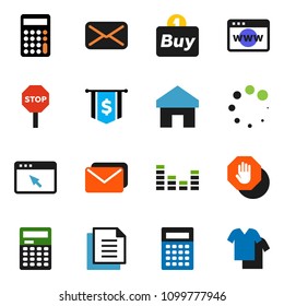 solid vector icon set - calculator vector, dollar flag, document, equalizer, mail, browser, home, loading, stop, buy, clothes