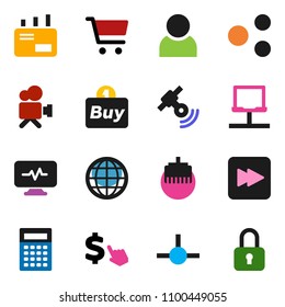 solid vector icon set - calculator vector, cart, dollar cursor, satellitie, video camera, forward button, diagnostic monitor, connect, notebook network, lan connector, share, globe, user, buy, mail