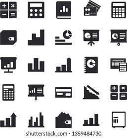 Solid vector icon set - calculator flat vector, crisis, chart, credit card, purse, statistics, book balance accounting, statistic, presentaition board, achievement, fector, safe