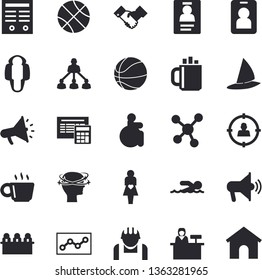 Solid vector icon set - calculator flat vector, construction worker, target audience, mouthpiece, disabled, headache, gestation, molecules, coffee, badge, point diagram, meeting, hierarchy, contract