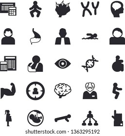 Solid vector icon set - calculator flat vector, person, target audience, disabled, injury, eye, embryo, gestation, chromosomes, stomach, hierarchy, brainstorm, scientist, dna, brain, fector, muscles
