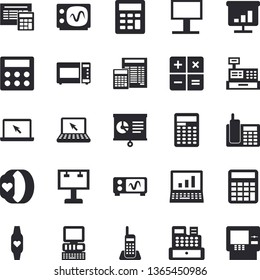 Solid vector icon set - calculator flat vector, microwave, billboard, cash machine, chart, telephone, laptop, computer, oscilloscope, fitness bracelet, dispenser fector