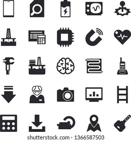Solid vector icon set - calculator flat vector, warm floor, ladder, oil production platform, battery, laser, motherboard, magnet, trammel, tomography, computer chart, magnifier, telephone, scientist