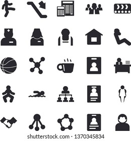 Solid vector icon set - calculator flat vector, conveyor, construction worker, hierarchy, team, physician, nurse, molecules, coffee, badge, office, agreement, basketball, swimming, gymnastics, size