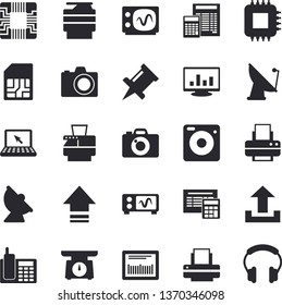 Solid vector icon set - calculator flat vector, weighing machine, satellite antenna, motherboard, SIM card, barcode, computer chart, telephone, printer, copy, laptop, oscilloscope, camera fector