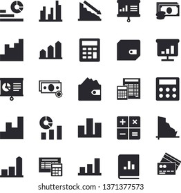 Solid vector icon set - calculator flat vector, crisis, chart, cash, purse, statistics, book balance accounting, statistic, presentaition board, achievement, credit card fector