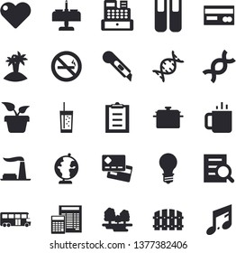 Solid vector icon set - calculator flat vector, stationery knife, saucepan, soda, tea, home plant, fence, factory, lamp, forest, credit card, cash machine, clipboard, DNA, magnifier, book, globe