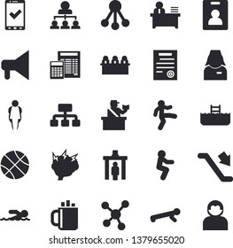 Solid vector icon set - calculator flat vector, hierarchy, nurse, molecules, coffee, office worker, meeting, contract, brainstorm, basketball, swimming, gymnastics, squats, push up, size, escalator